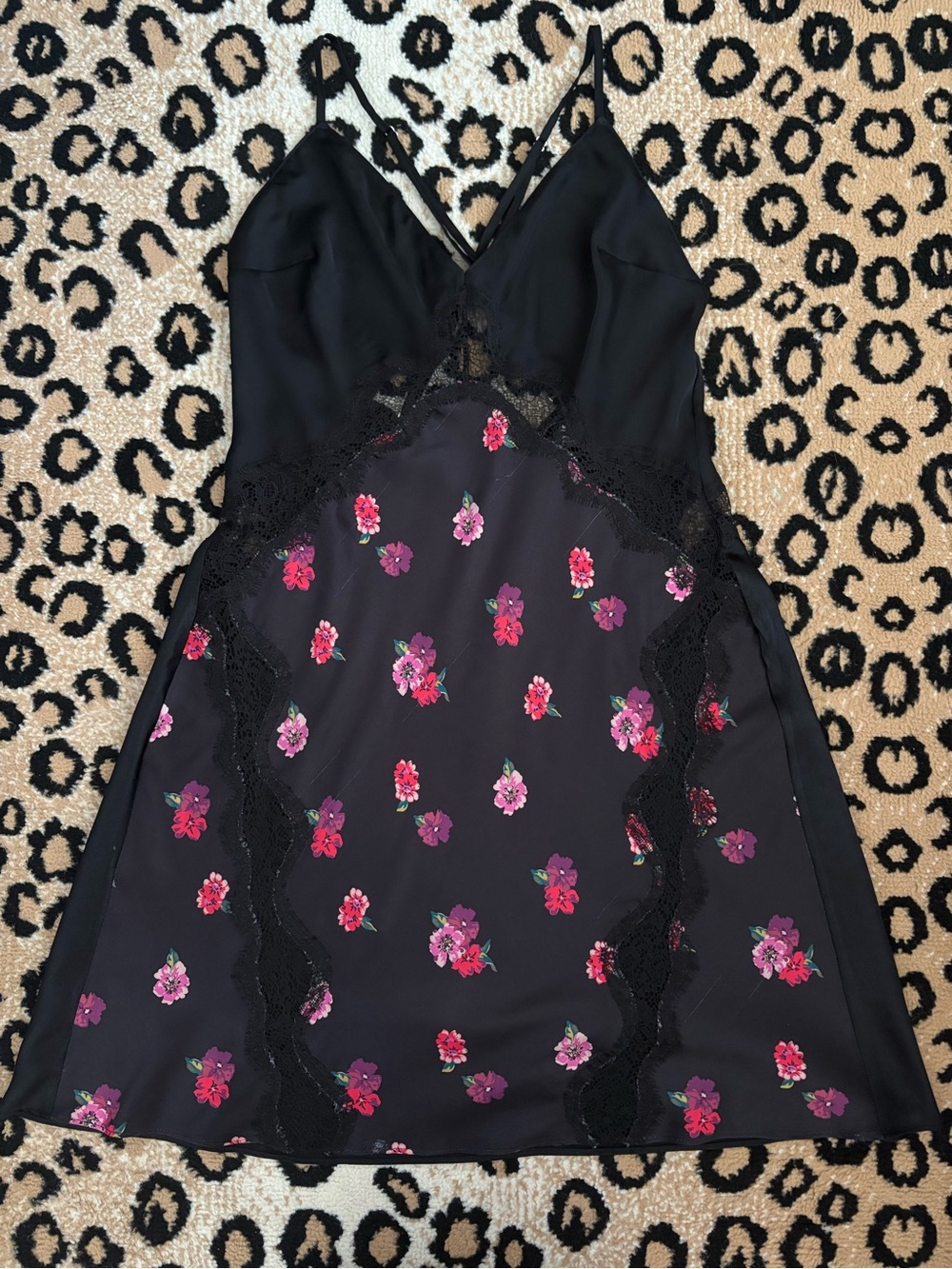 Victoria's Secret 2000s Black Lace Trim Floral Satin Slip Dress